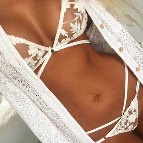 Women Sexy Lingerie White Transparent Lace Underwear Babydoll Sleepwear Bra + G-string Sexy Costumes Set Erotic Lenceria M L